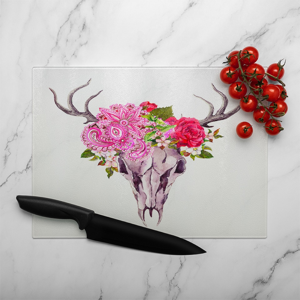 image 1 of Deer Animal Skull With Flowers And Feathers Glass Chopping Board | Multi