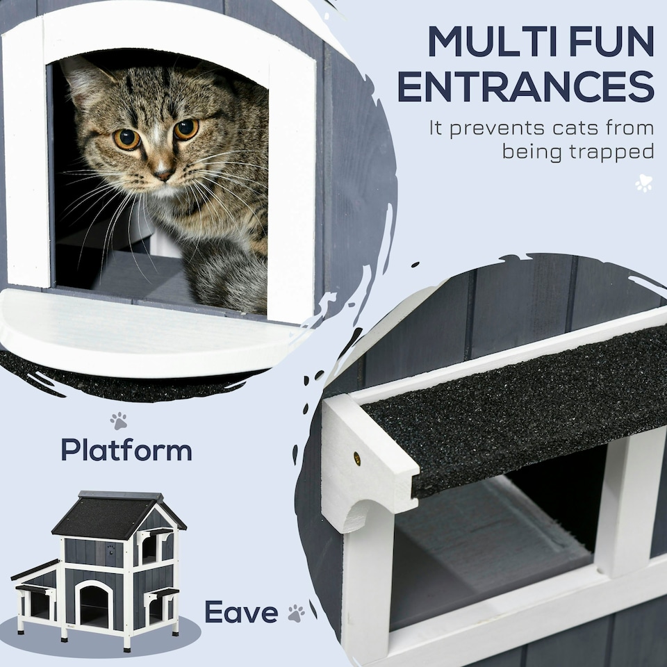 image 1 of PawHut Wooden Outdoor Cat House w/ Flower Pot, Windows, Multiple Entrances