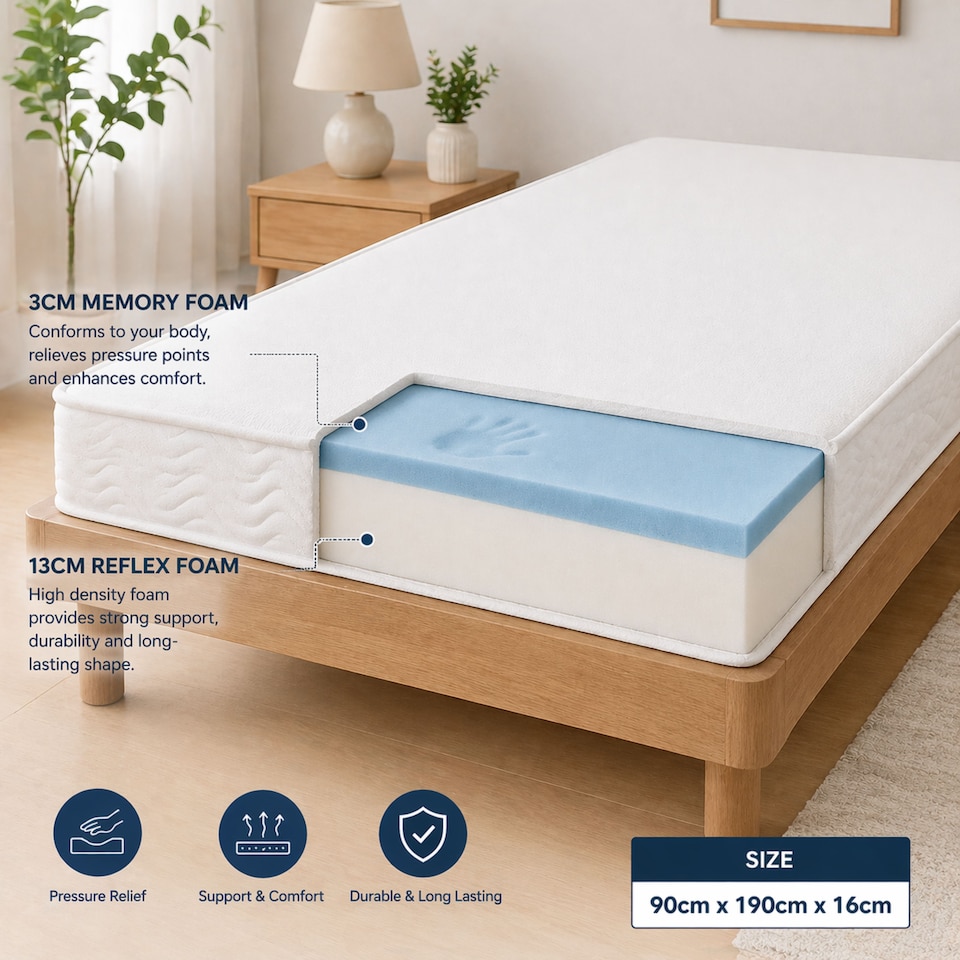 image 1 of Single Memory Foam Mattress with High Density Foam Base, Approx 6 Inch/16cm Thick, Medium Feel Mattress, Mattress In A Box