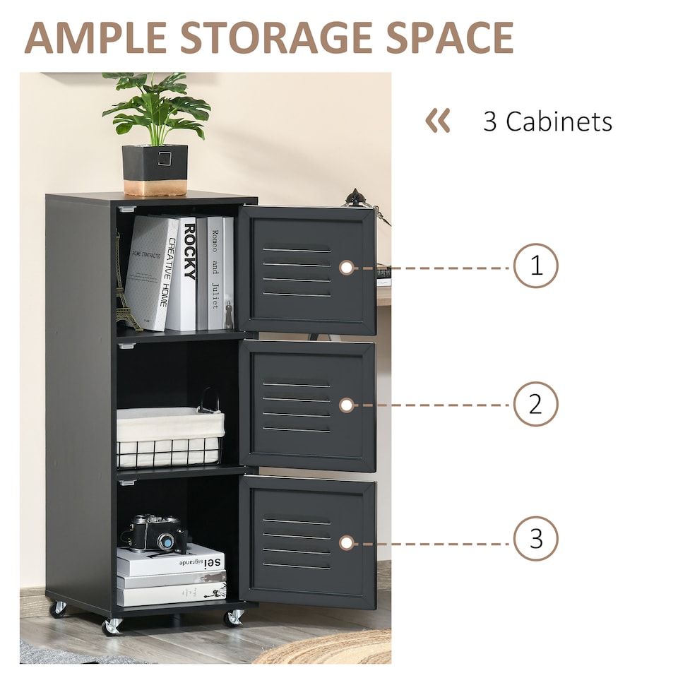 image 1 of HOMCOM Rolling Storage Cabinet 3-Tier Mobile File Cabinet with Wheels & Metal Doors for Home Office, Living Room, Black