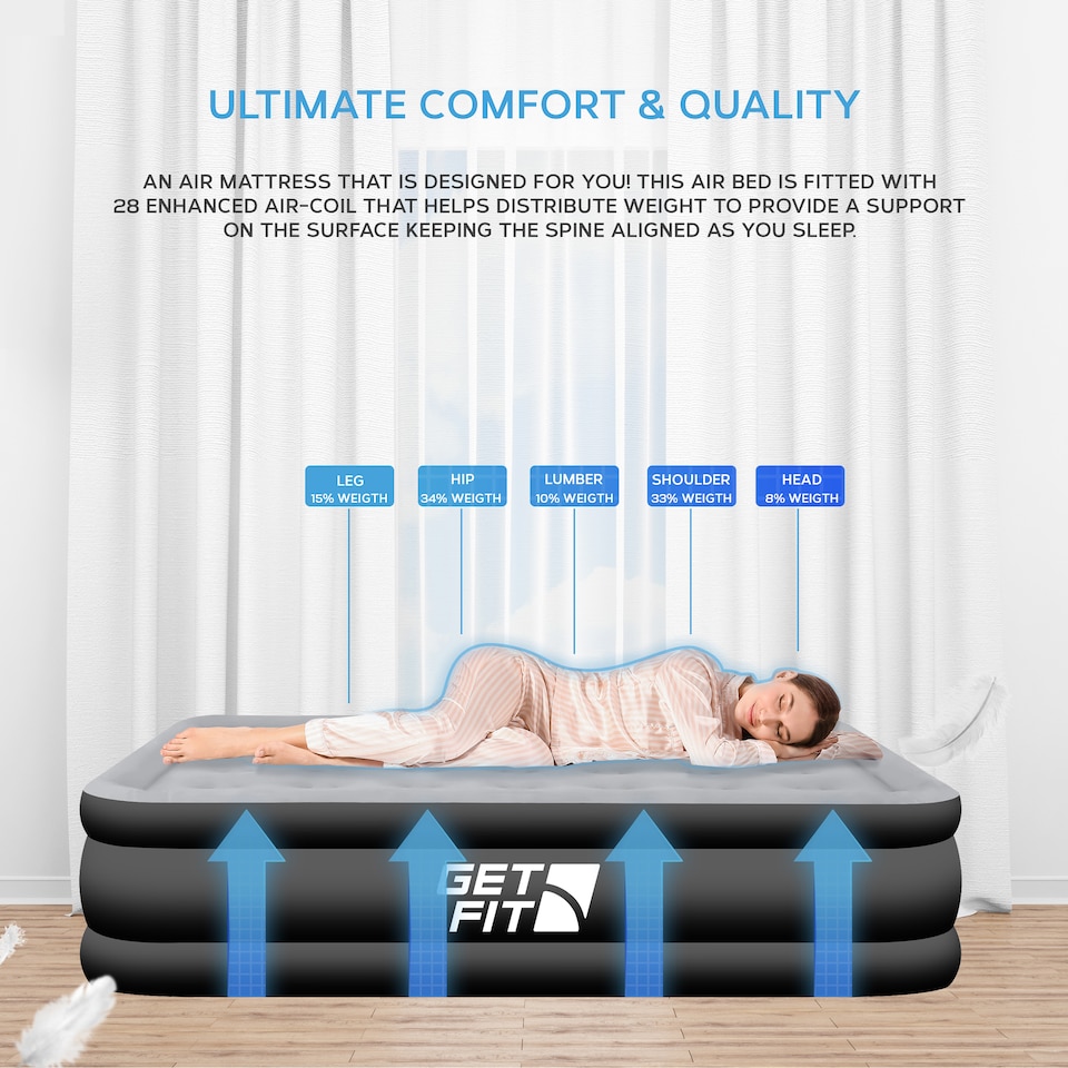 image 1 of Get Fit Air Bed With Built In Electric Pump - Premium Double Size - Blow Up Bed With Free Pillow - Elevated Inflatable Air Mattress | Black | Black / Grey | 1