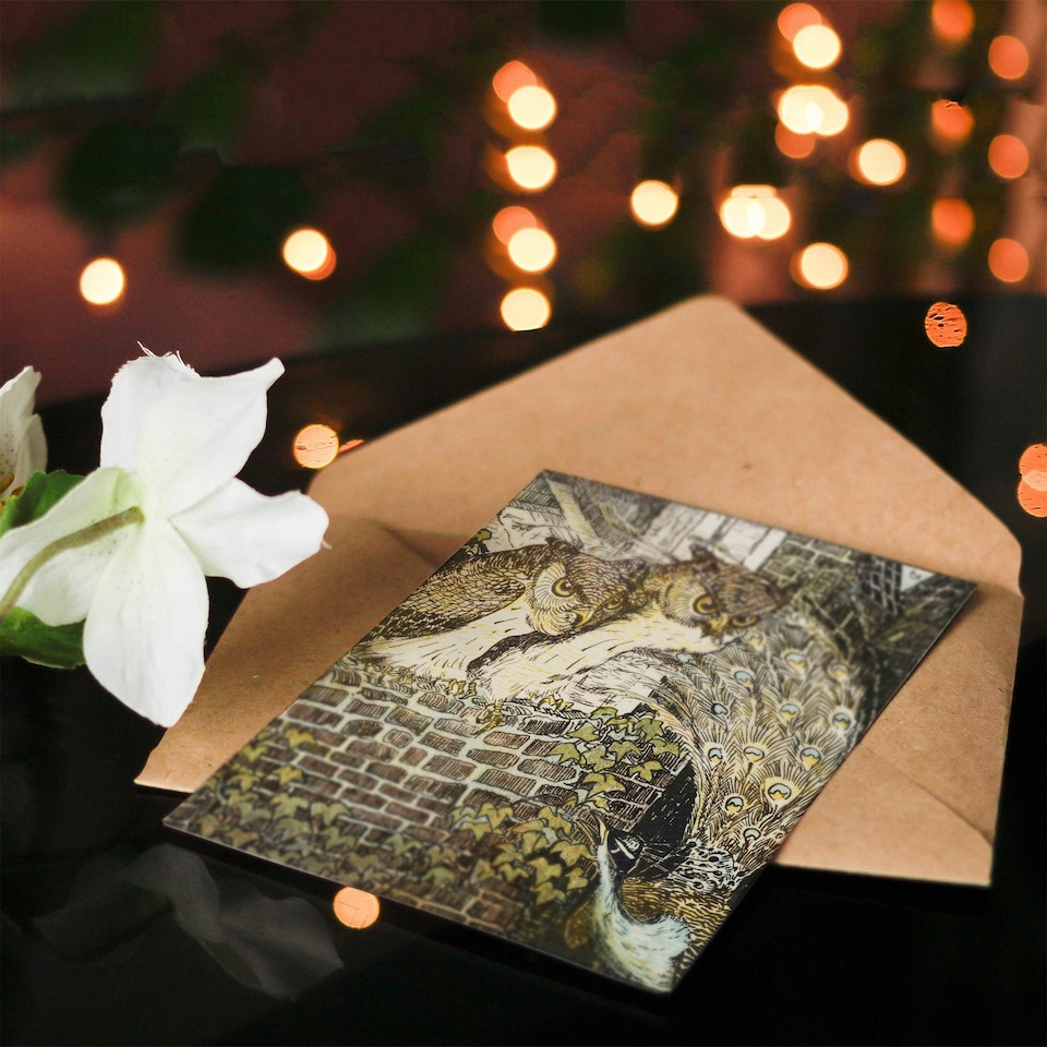 image 1 of Theo van Hoytema Art Card Two Owls on a Wall and Peacock