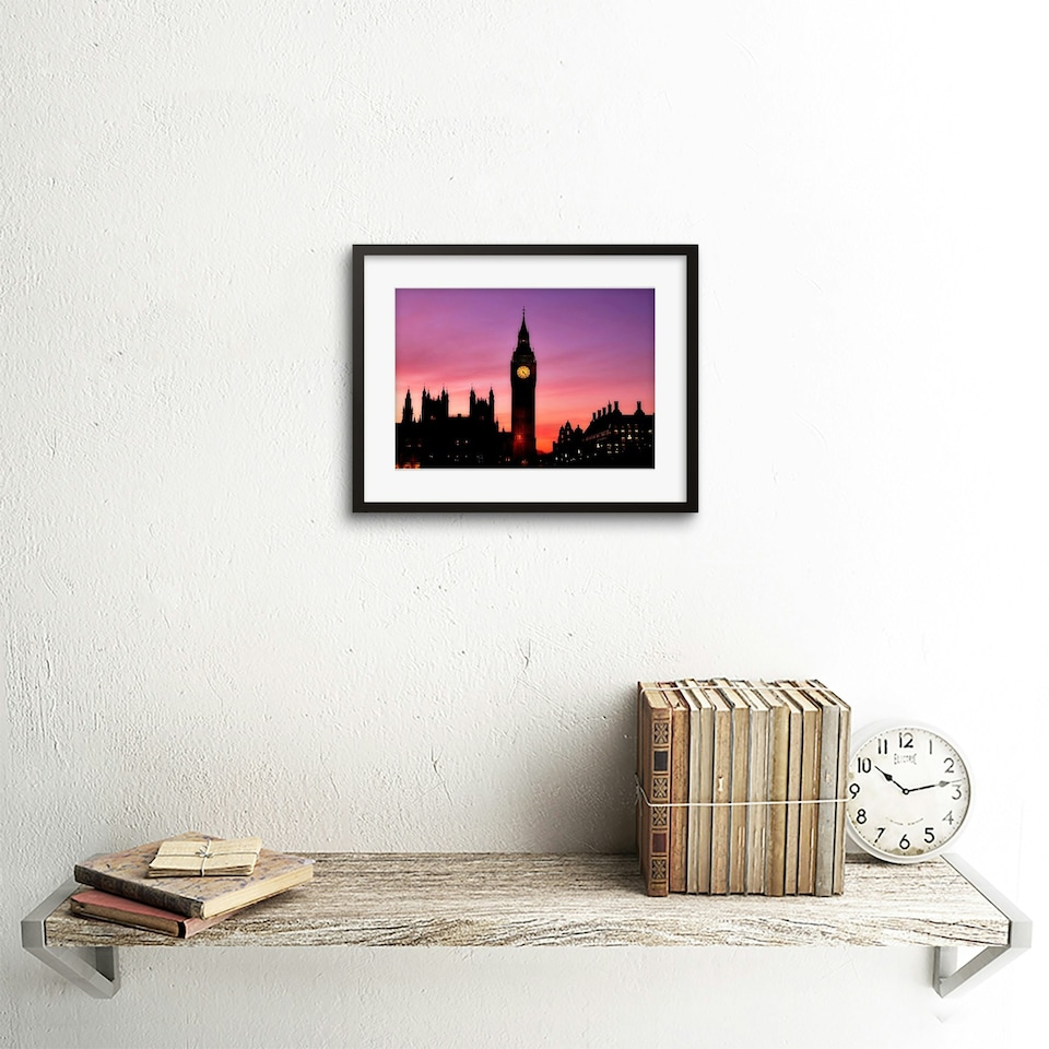 image 1 of Big Ben Clock London England Sunset Sky Cityscape 9x7" Black Framed Wall Art Print