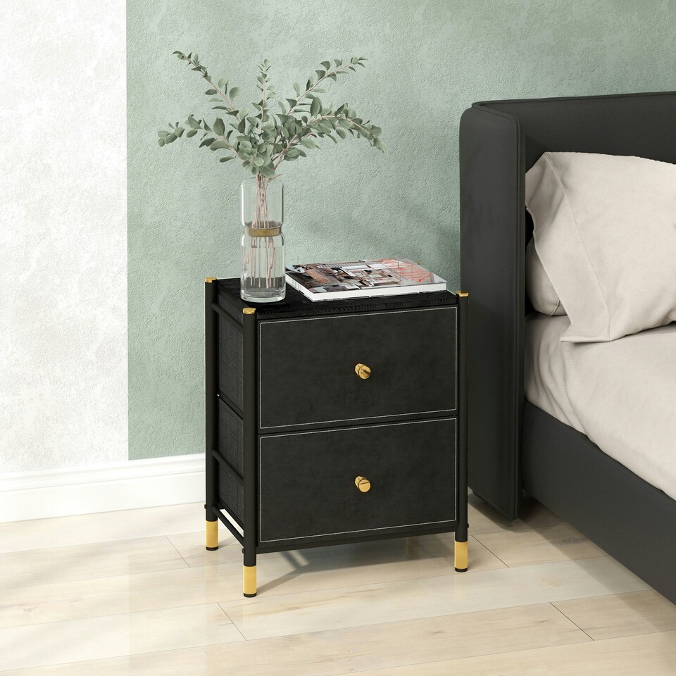 image 1 of HOMCOM PU Leather Bedside Table with 2 Drawers and Steel Legs, Black