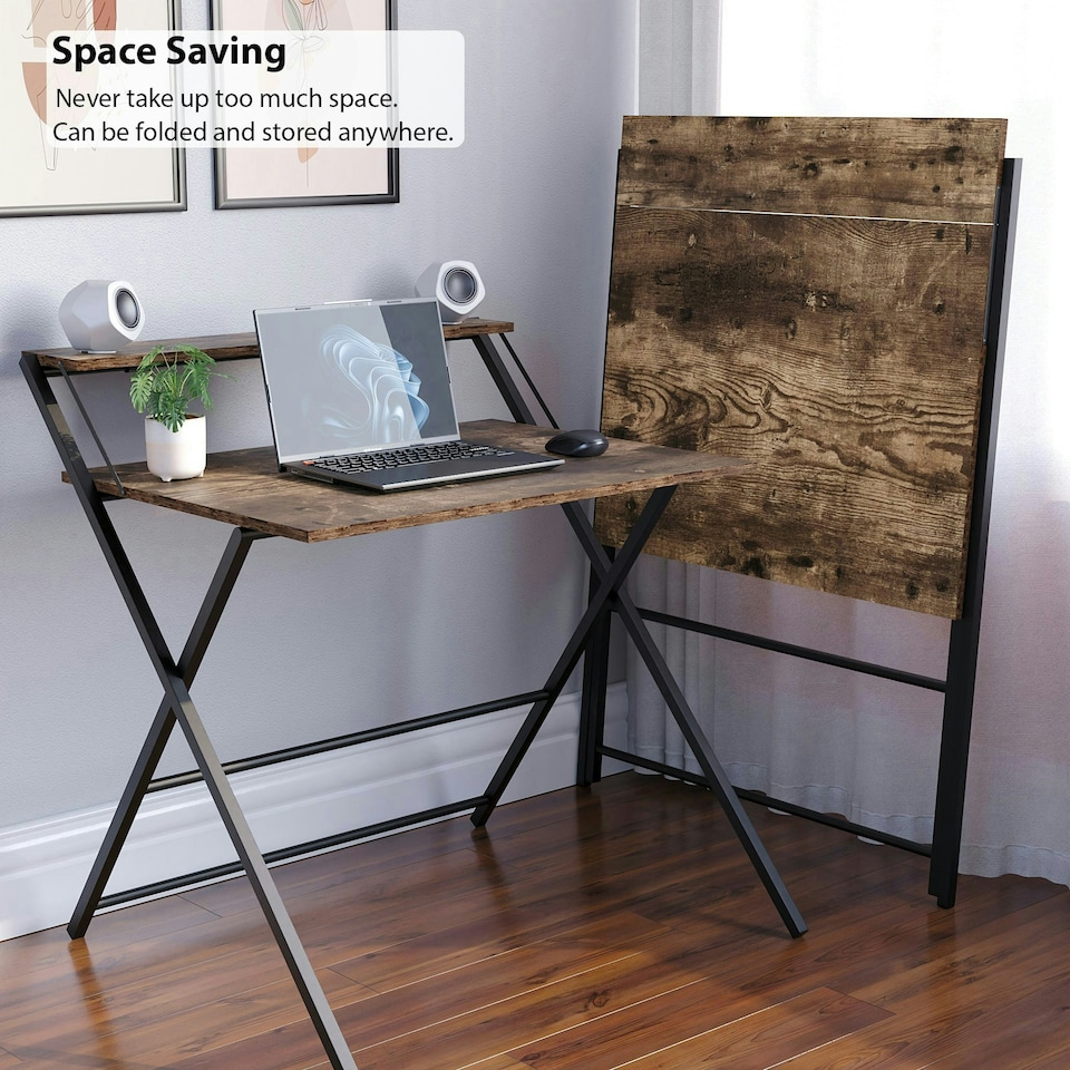 image 1 of Vida Designs Brooklyn Foldable Computer Desk Home Office Workstation, Dark Wood