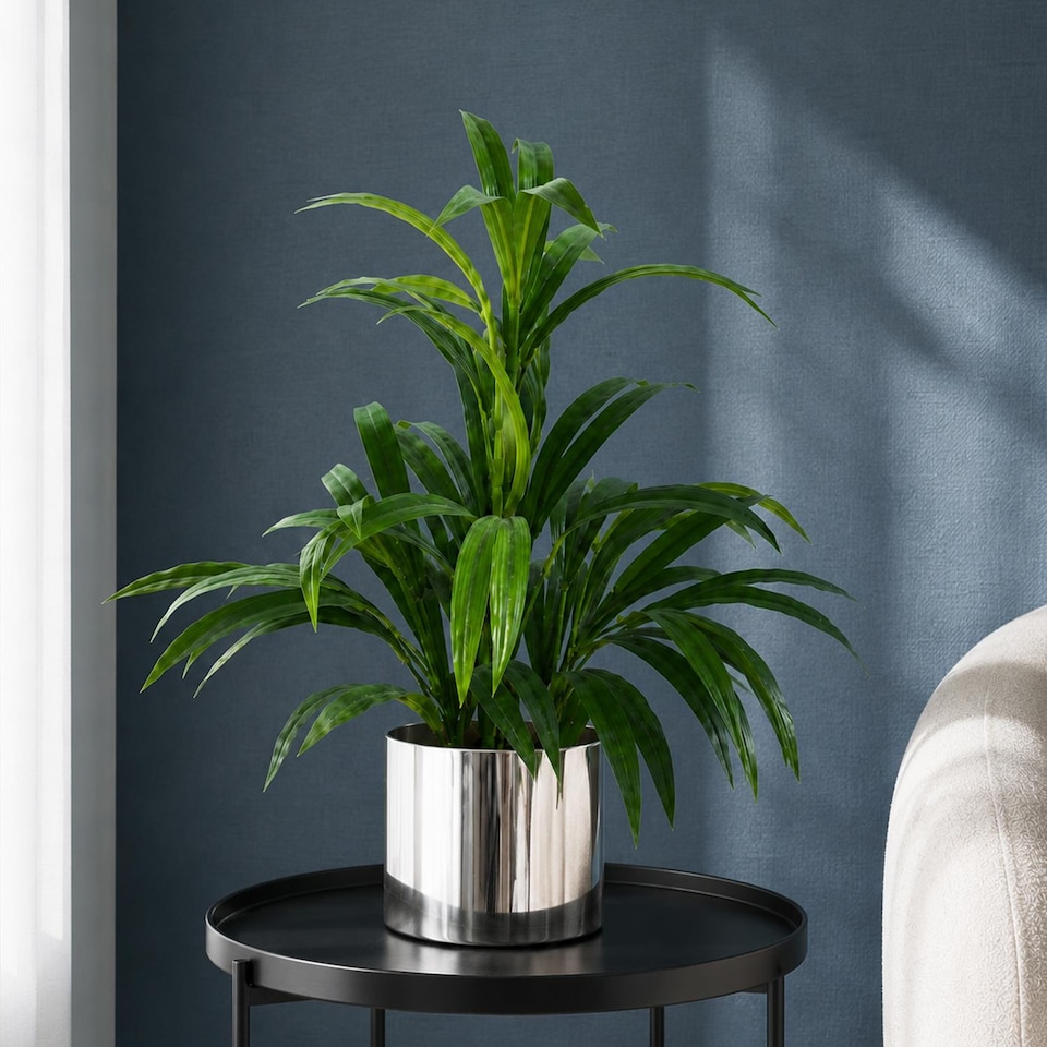 image 1 of 65cm Artificial Large Leaf Bamboo Shrub Plant with Silver Metal Planter
