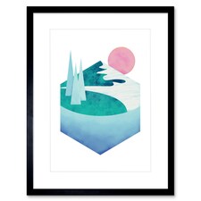Mid Century Modern Mountains Lake Sunset 9x7" Black Framed Wall Art Print