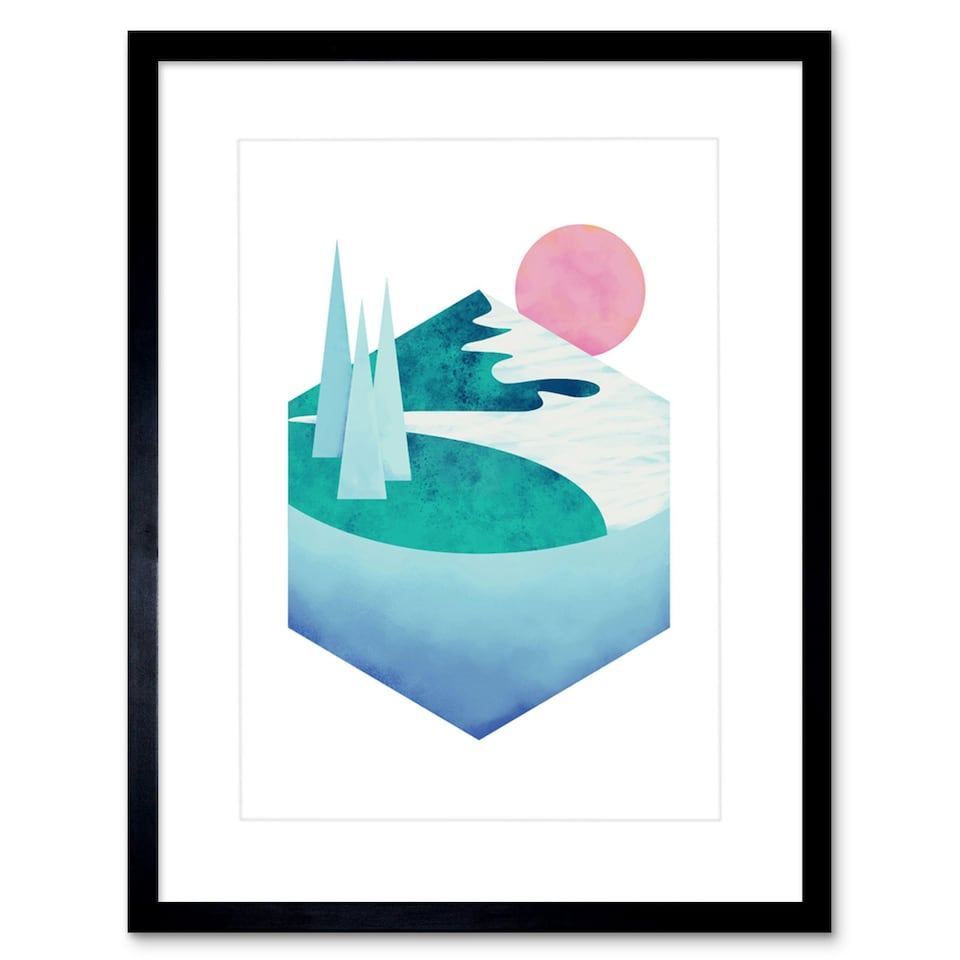 image 1 of Mid Century Modern Mountains Lake Sunset 9x7" Black Framed Wall Art Print
