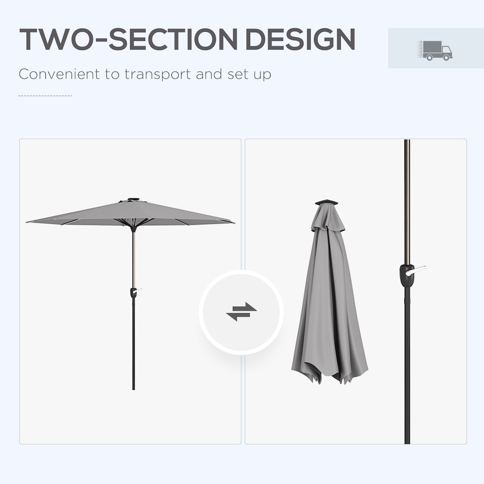 image 1 of Outsunny 2.65m Garden Parasol with Lights, Solar Charged Warm Yellow LED Patio Umbrella with Crank Handle, for Balcony, Outdoor and Lawn Light Grey