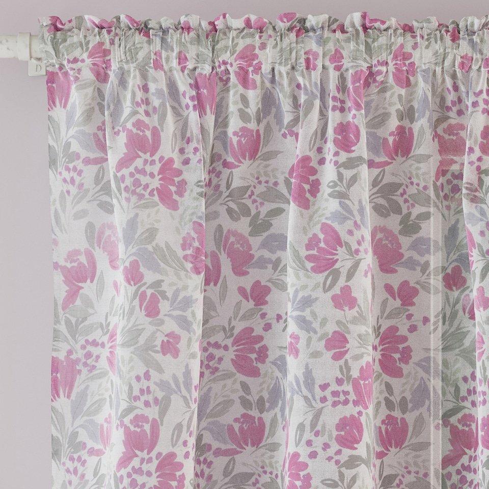 image 1 of Mia Pink Floral Print Sheer Voile Panels - Pair 140 x 122cm (55x48") | Pink | Pink | 2