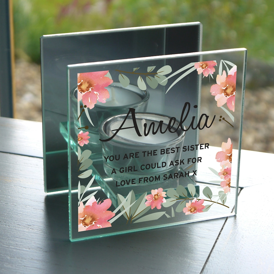 image 1 of Personalised Floral Sentimental Mirrored Glass Tea Light Candle Holder Clear