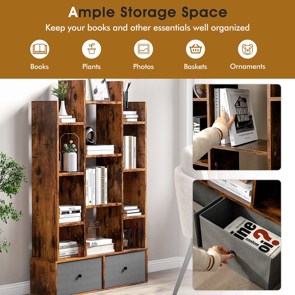 image 1 of COSTWAY Open Back Bookshelf Wood Bookcase Display Shelf Storage Rack Coffee