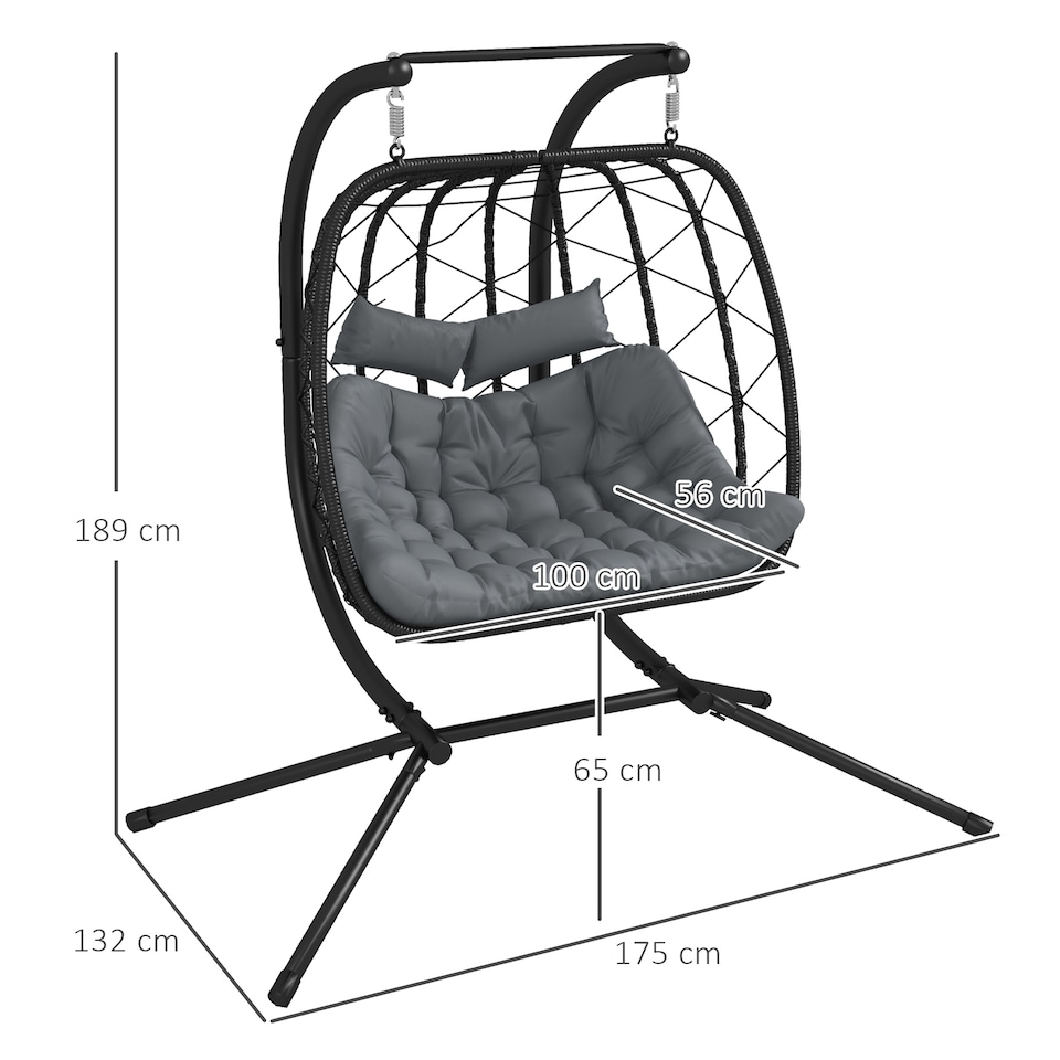 image 1 of Outsunny Outdoor PE Rattan 2 Seaters Swing Chair with Thick Padded Cushion, Patio Hanging Egg Chair with Metal Stand, Headrest, for Indoor and Outdoor, Black