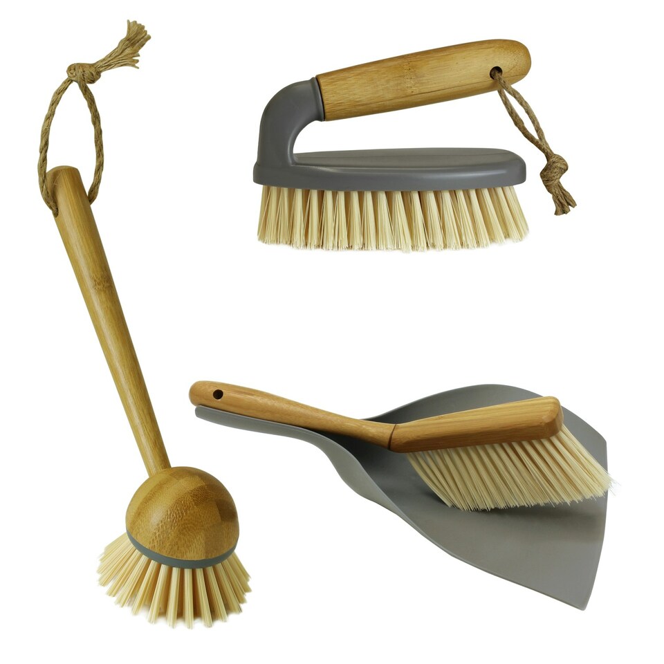 image 1 of JVL Bamboo Cleaning Essentials, Dustpan, Scrubbing Dish Brush, One Size Brown