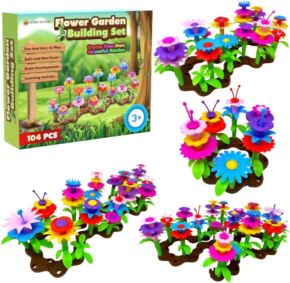 Desire Deluxe Girls Toys for 3 Year Old Girl Flower Garden Toy Building Blocks Set for Baby, Children - Indoor & Outdoor Floral Arrangement for Kids 104pc