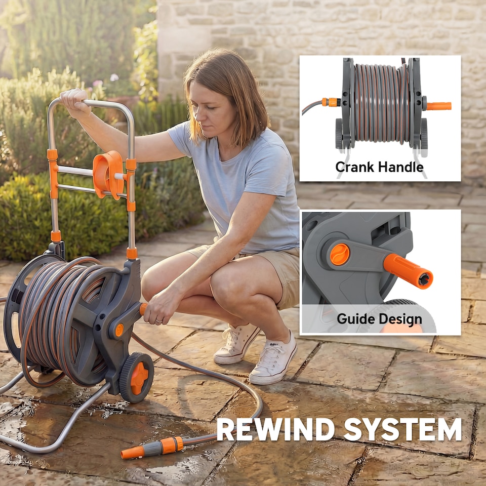 image 1 of Outsunny Hose Reel Cart with Wheels, 45+2m Garden Hose Reel, Orange | Orange | Orange and grey