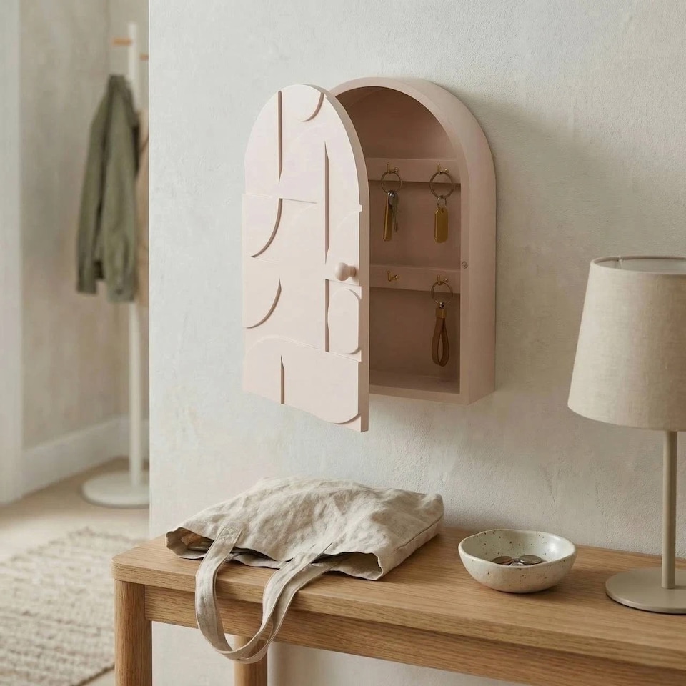image 1 of Wall Mounted Key Cabinet Holder Box Wooden Storage With Hooks Organizer | Pink | Pink | 1
