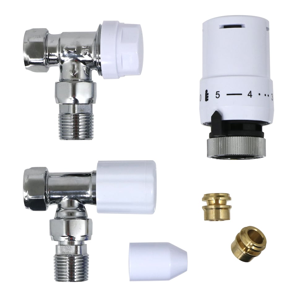 image 1 of Tower TRV Thermostatic Radiator Valve White Angled Lockshield 10-15mm Head Set