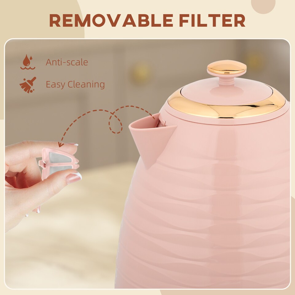 image 1 of HOMCOM Electric Kettle 1.7L, Fast Boil, 3kW Cordless Water Kettle with Removable Washable Anti-scale Filter, UK Otter Thermostat, Auto Shut-off, 360degree Swivel, BPA Free, Pink Water Ripple Texture