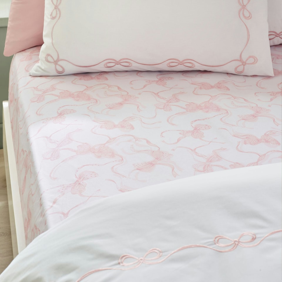 image 1 of Catherine Lansfield Bow Fitted Sheet White / Pink | Pink | White / Pink | Super King