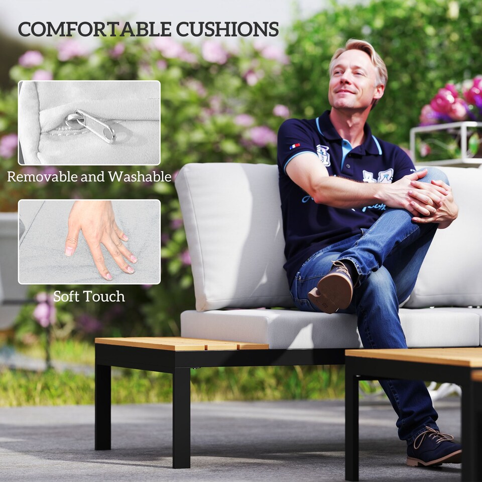 image 1 of Outsunny 4 Seater Garden Corner Sofa Set with Removable Thick Cushions Teak