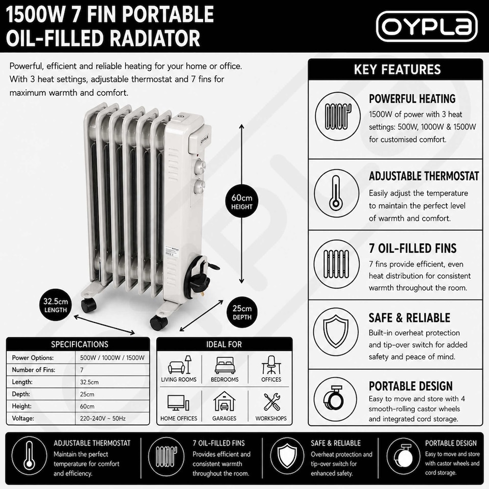 image 1 of 1500W 7 Fin Portable Oil Filled Radiator Electric Heater