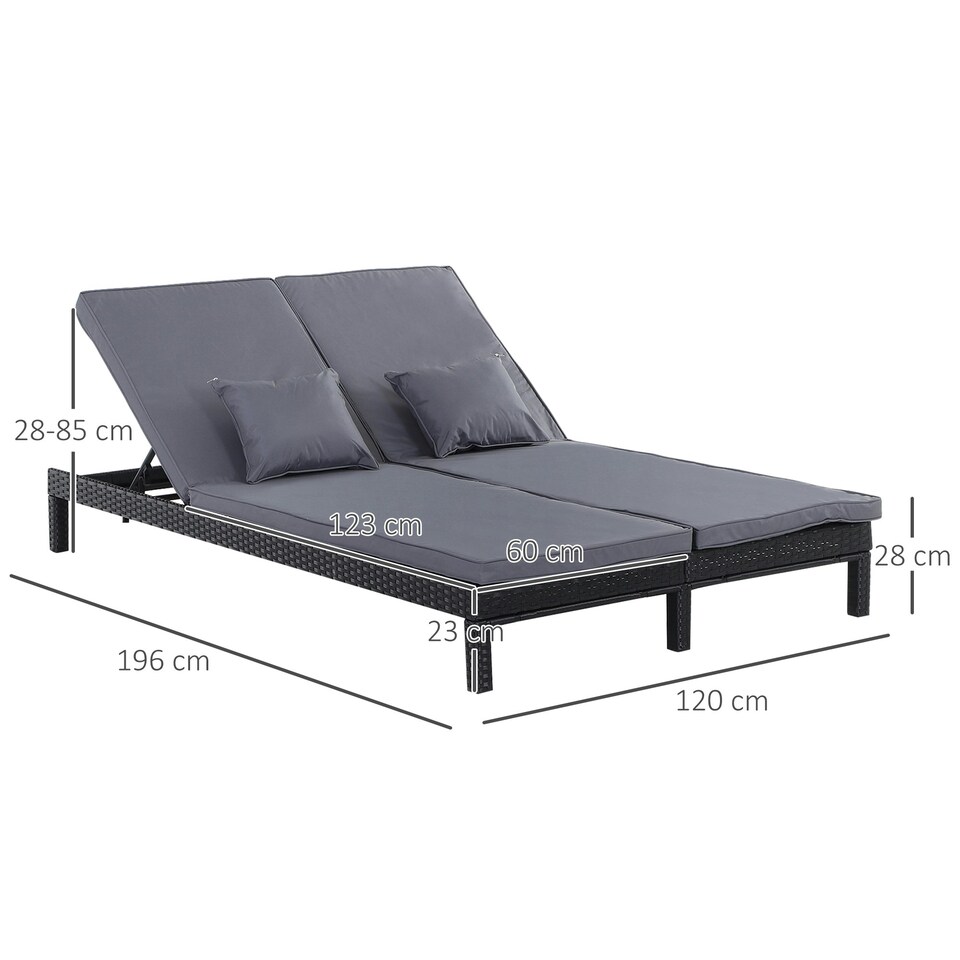 image 1 of Outsunny 2 Person Rattan Lounger Adjustable Double Chaise Chair w/ Cushion Black