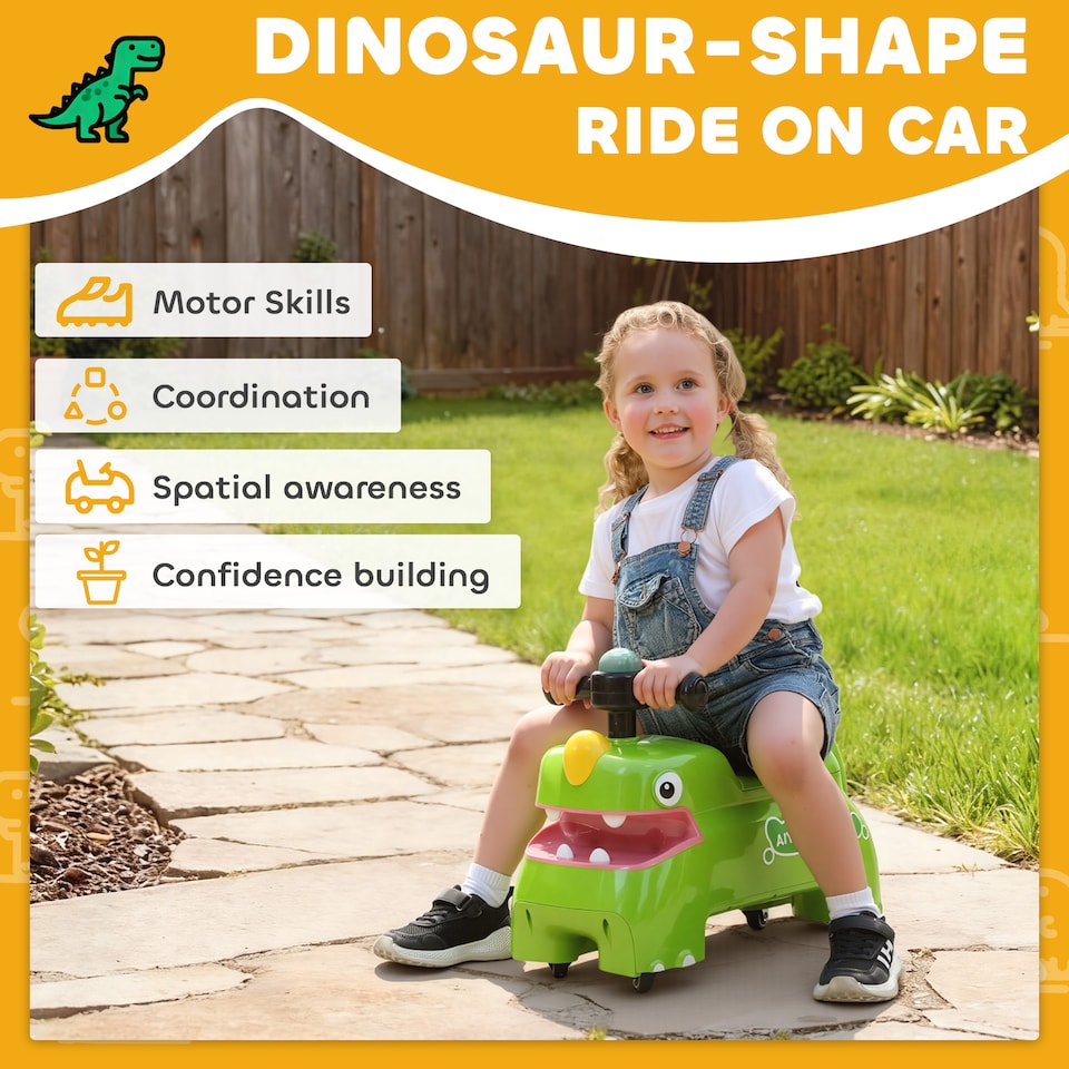 image 1 of AIYAPLAY Kids Ride On Car, Dinosaur Shape Toddler Walker | Green