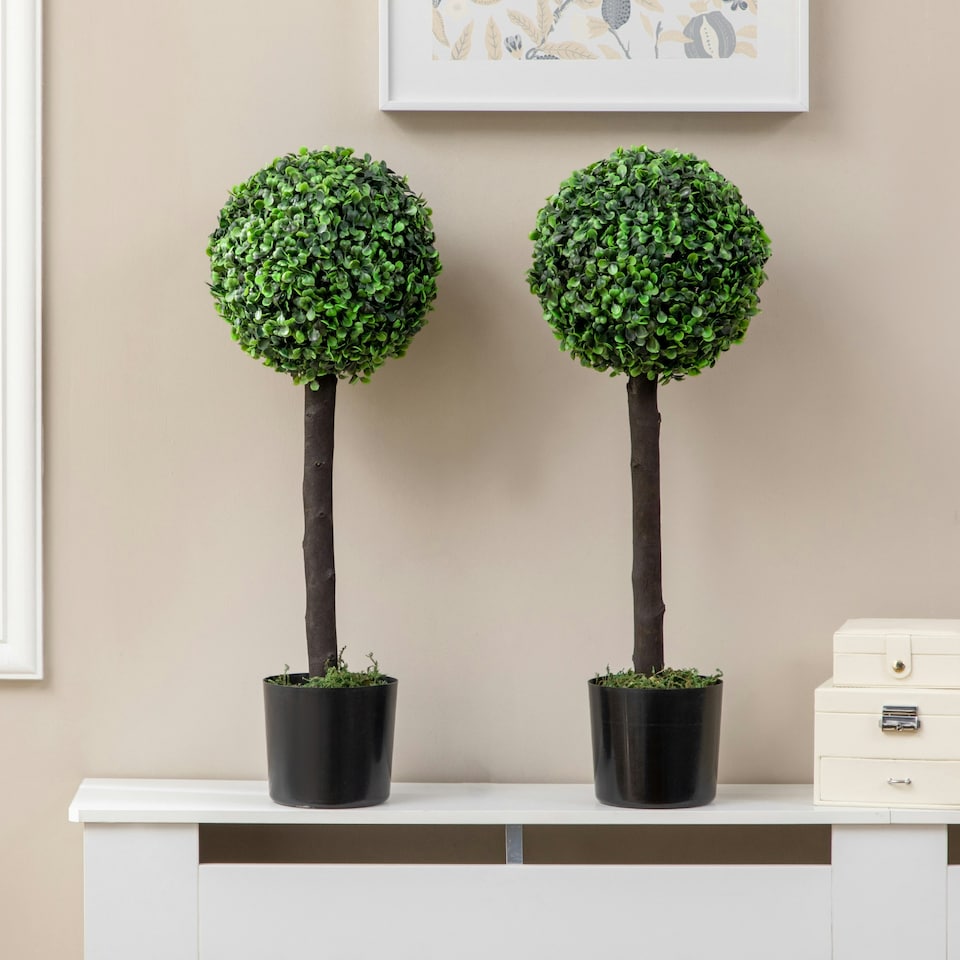 image 1 of HOMCOM Set of 2 Potted Artificial Plants Boxwood Ball Trees Indoor Outdoor, 60cm