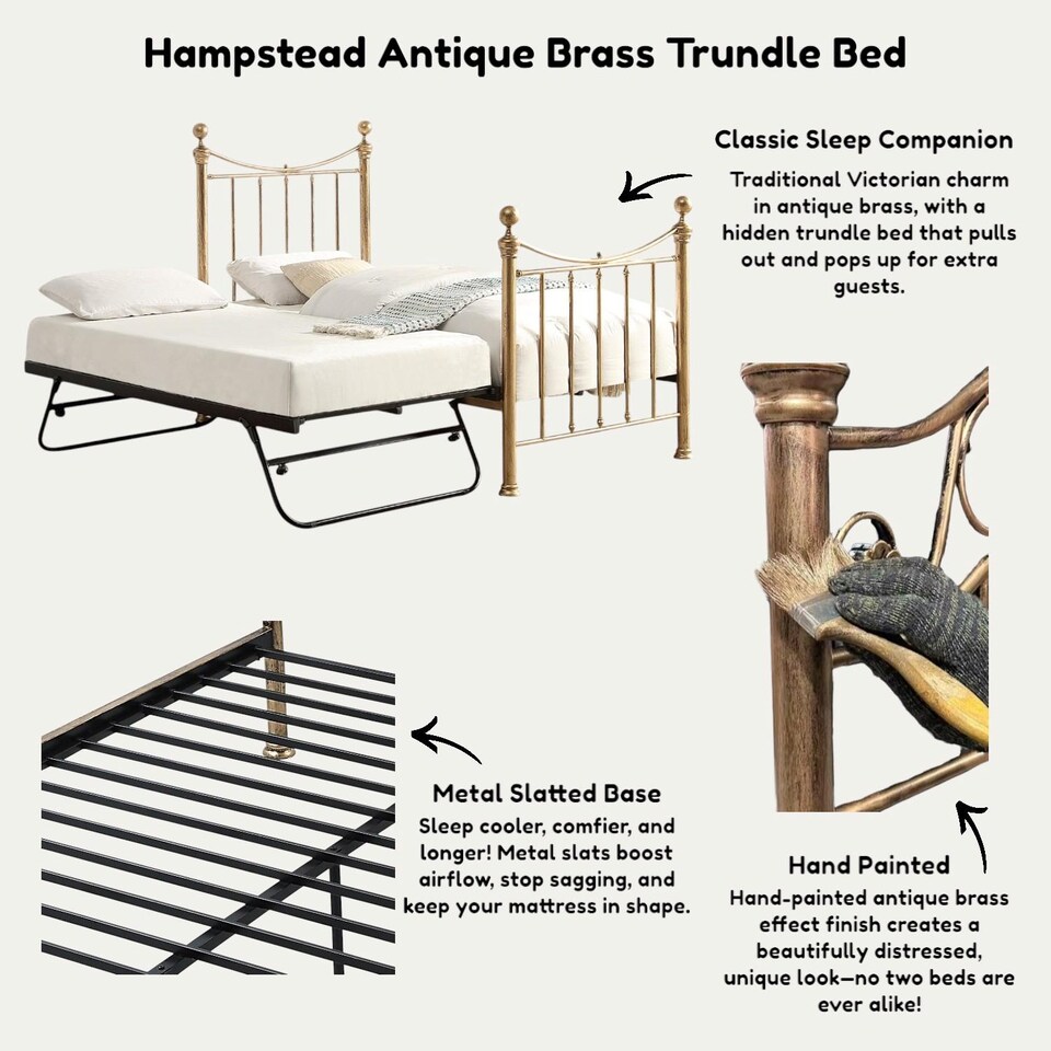 image 1 of Hampstead Traditional Antique Brass Distressed Effect Single Metal Bed Frame & Guest Trundle