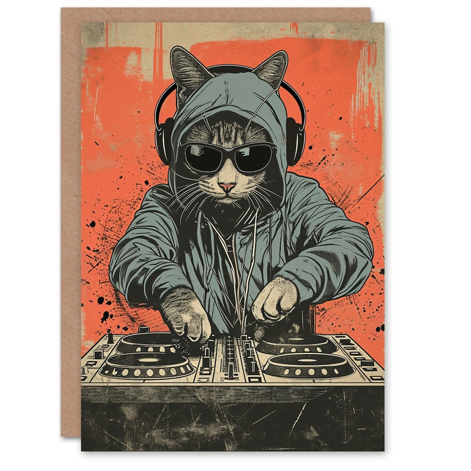 image 1 of DJ Decks Sunglasses Hoodie Headphones Cat Lover Birthday Card