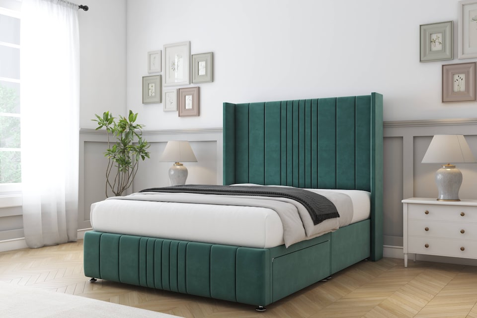 image 1 of Sloomy Hargrave Emerald Plush Divan Bed Base No Drawers With 54 Inch Wingback Headboard & 12 Inch Matching Footboard | Green | Emerald | Double | 1