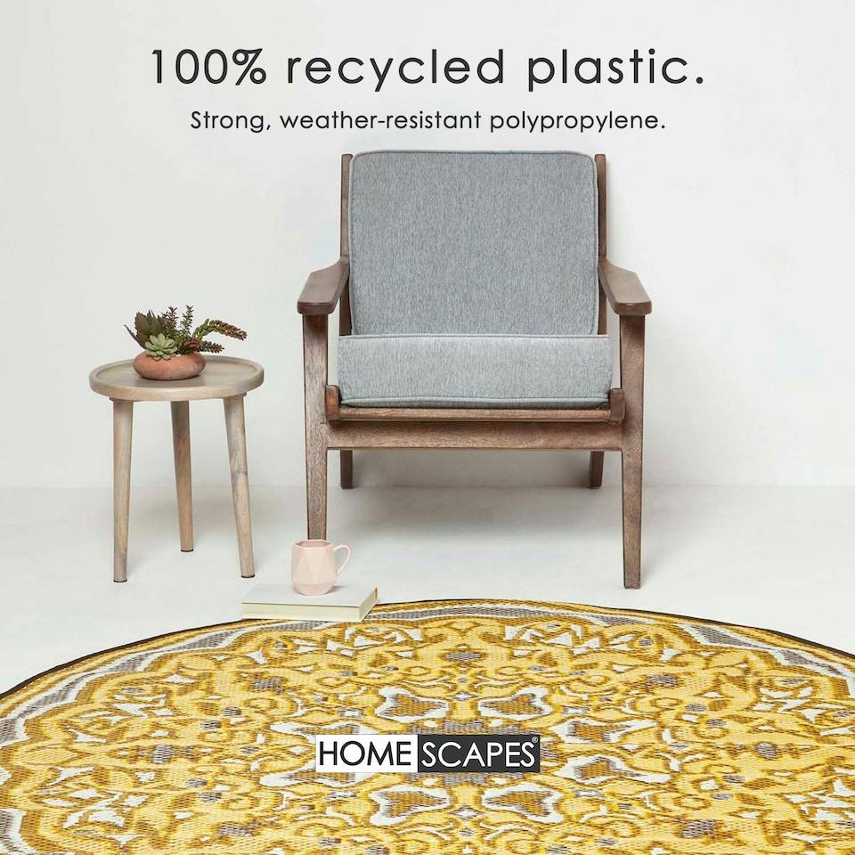 image 1 of Homescapes Outdoor Rug Luxury Waterproof Reversible Recycled, For Garden, Round Rae | Yellow | Yellow