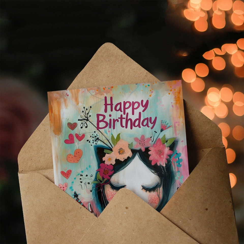 image 1 of Cat Lover Lady Party Hat Cute Floral Portrait Her Birthday Card