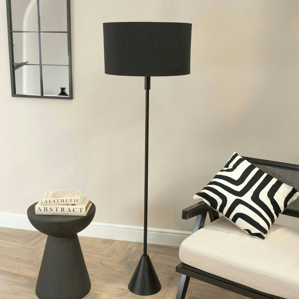 image 1 of ValueLights Mitch Black Fabric Drum Lamp Shade Black Wood Single Stem Triangle Floor Lamp Black
