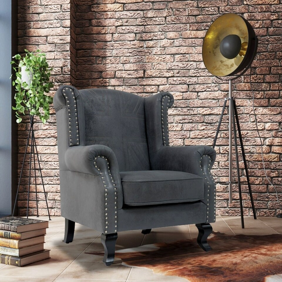 image 1 of Faux Leather Suede Grey Britannia Wing Back Chair with Union Jack Flag