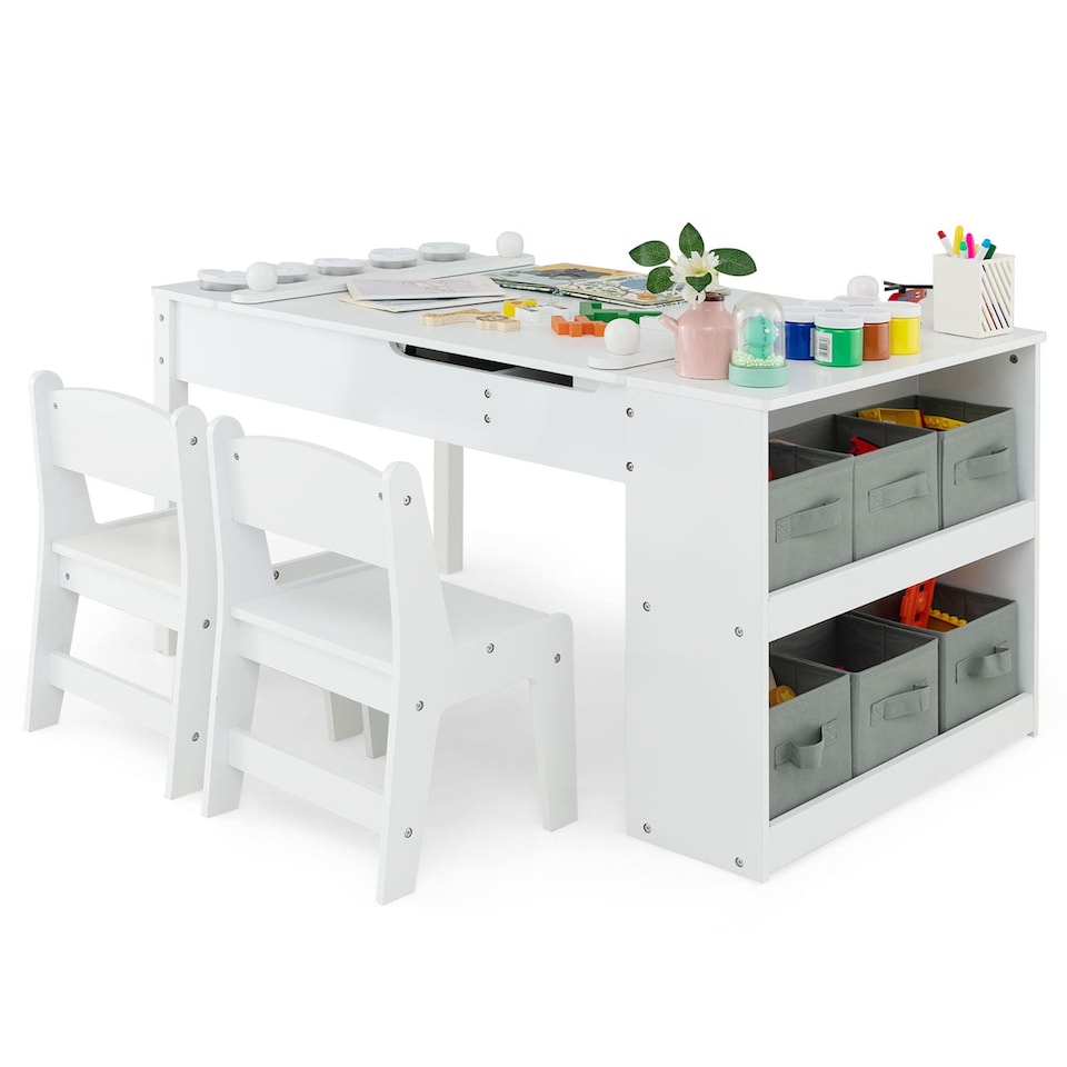 image 1 of COSTWAY 2-in-1 Kids Wooden Art Table and Art Easel Set With Chairs Storage Bins Paper Roll