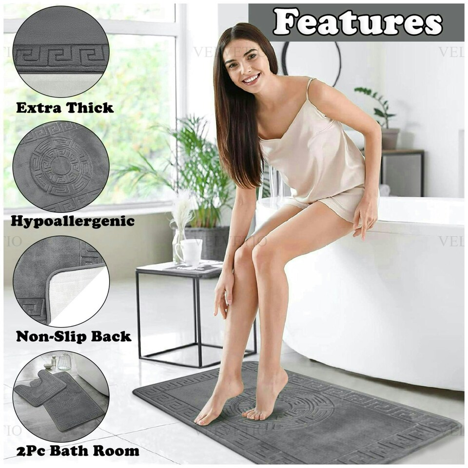 image 1 of VELVETIO Bath Mat Set Greek Pattern Anti Slip Memory Foam Toilet Rug Blue | Aqua