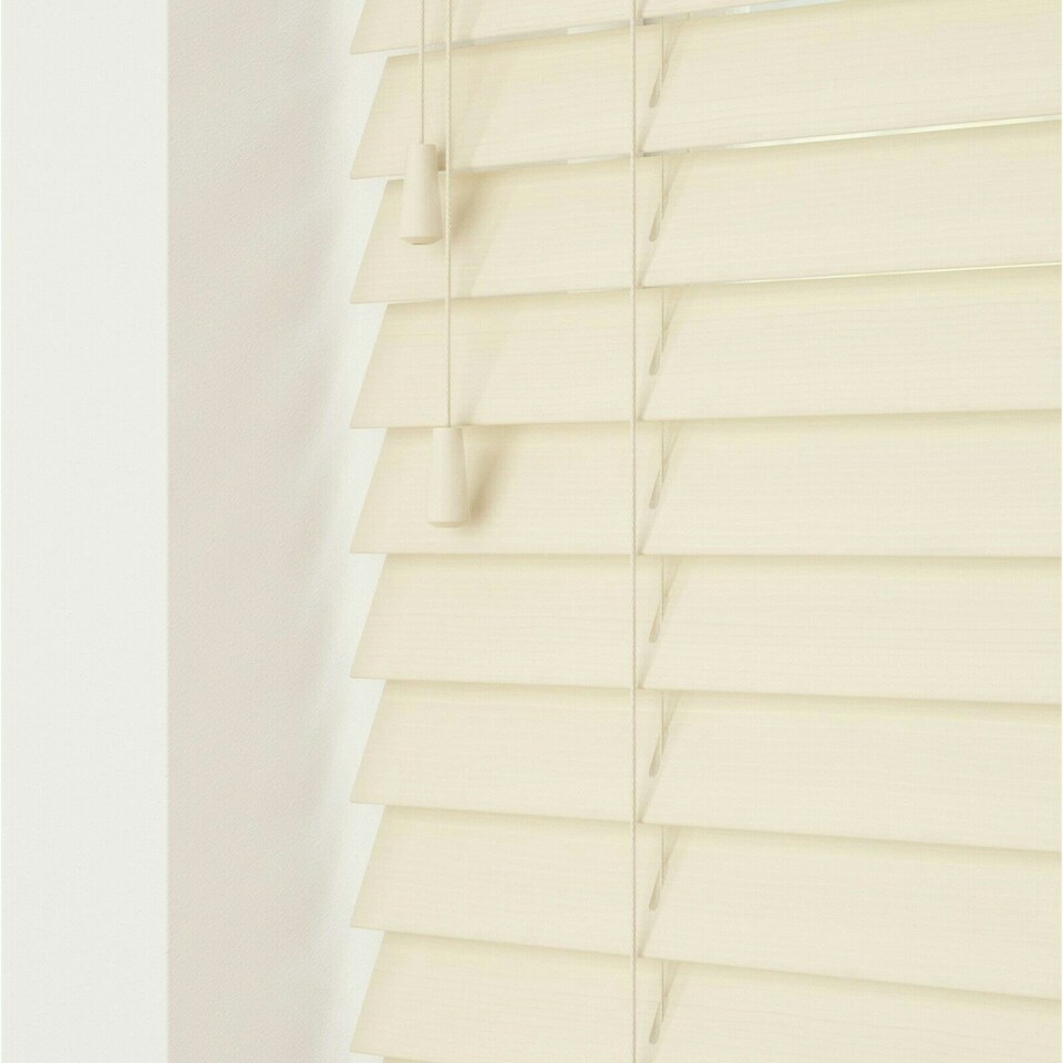 image 1 of 80cm Creme Smooth Finish Faux Wood Venetian Blinds with Strings  (120cm Drop) | Cream | Cream