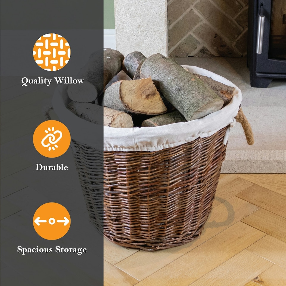 image 1 of JVL Willow Wicker Log Storage Basket with Rope Handles and Lining 50x40cm, Brown Brown