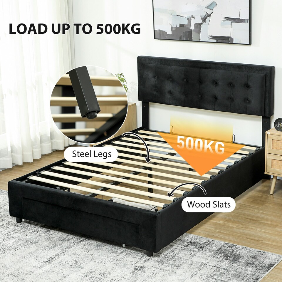 image 1 of HOMCOM King Size Bed Frame with Storage and Adjustable Headboard, Black