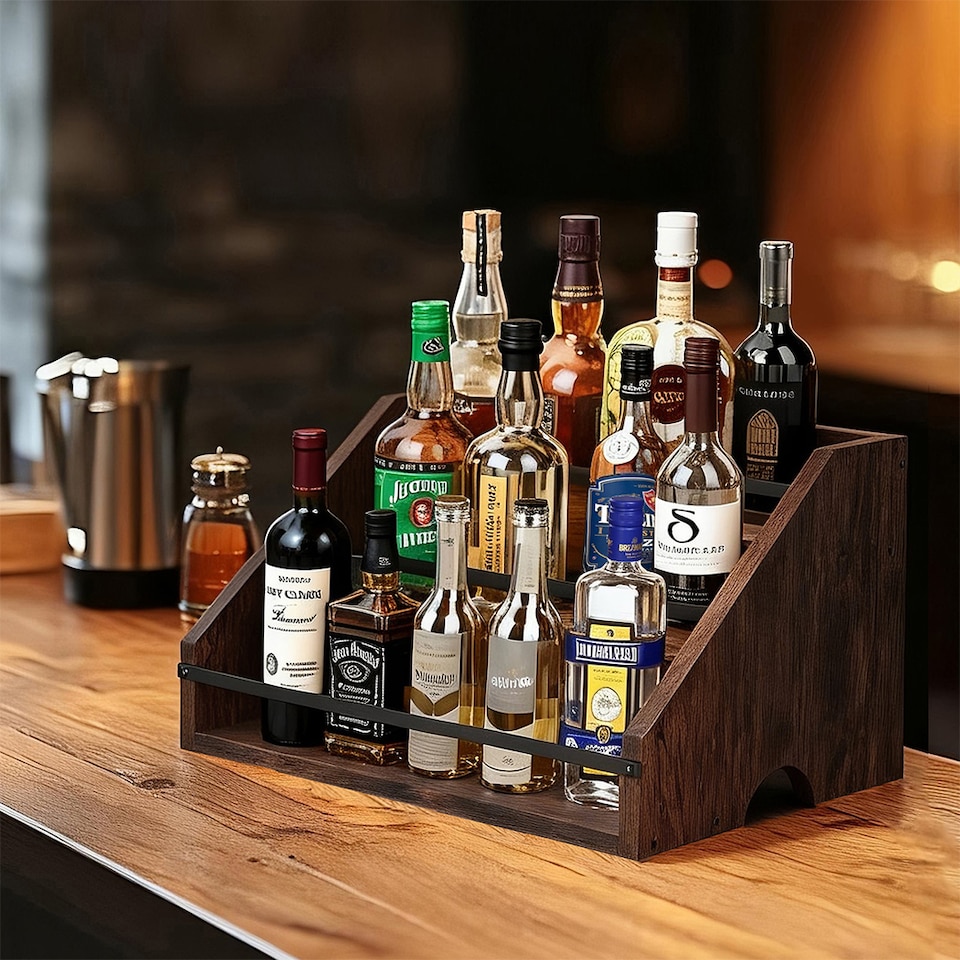 image 1 of Toque Counter Top Wine Rack Storage Liquor Bottle Display Shelf Wooden Holders