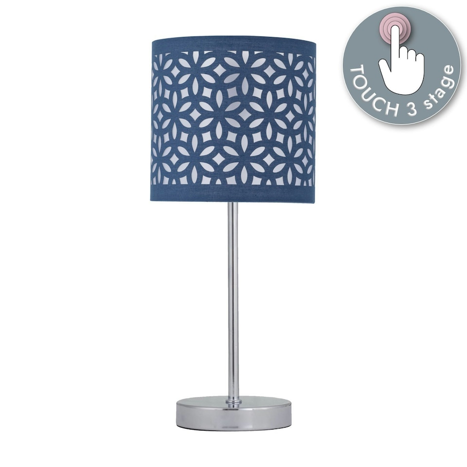 image 1 of First Choice Lighting Chrome Touch Operated Table Lamp with Navy Blue Cut Out Shade Chrome | Blue