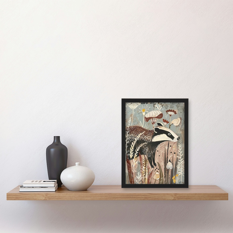 image 1 of Rustic Badger Woodland Forest Wildflowers Living Room Black Framed Wall Art Print A4