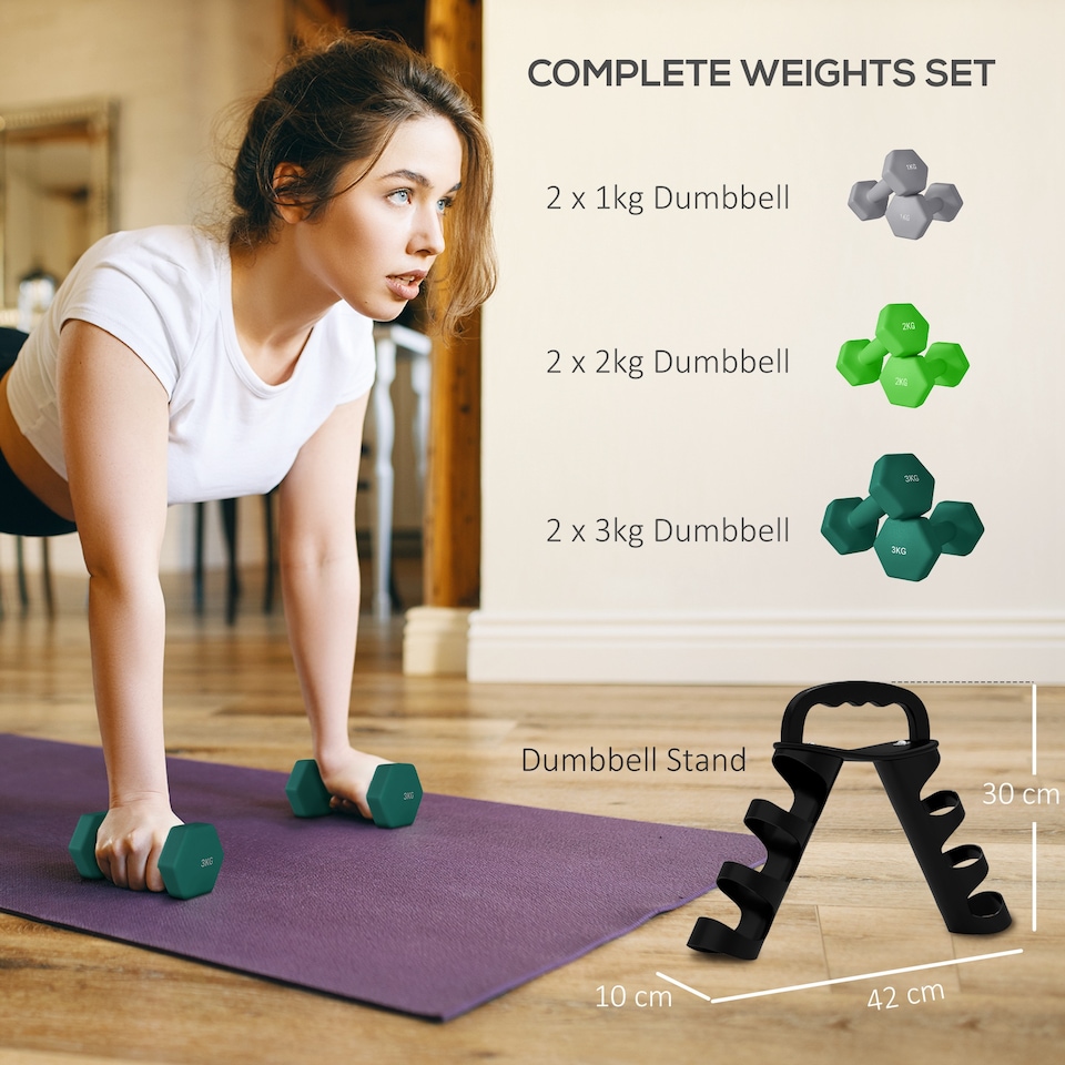 image 1 of SPORTNOW Dumbbells Set with Storage Rack, 2 x 1kg, 2 x 2kg, 2 x 3kg, Grey