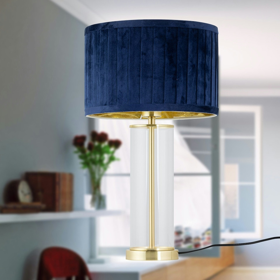 image 1 of Set of 2 Aura - Satin Brass Lamps with Navy Blue Pleated Velvet Shades Bronze | Blue
