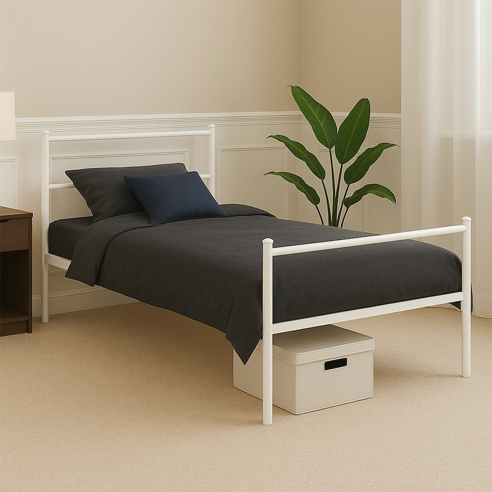 image 1 of Single Bed Frame Metal Rounded Headboard Easy Assembly Under Bed Base Storage Space White