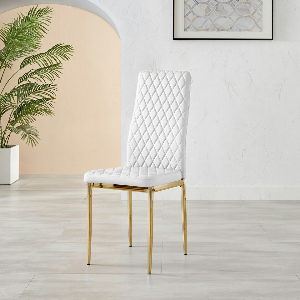 image 1 of Furniturebox 4x Milan White Gold Hatched Faux Leather Dining Chairs