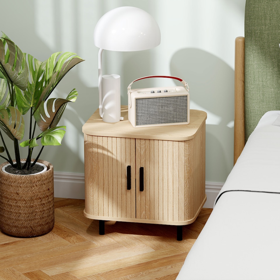 image 1 of HOMCOM Bedside Table, Nordic Side Table with Roller Shutter Style Sliding Doors and Metal Legs for Bedroom, Living Room, Oak Tone