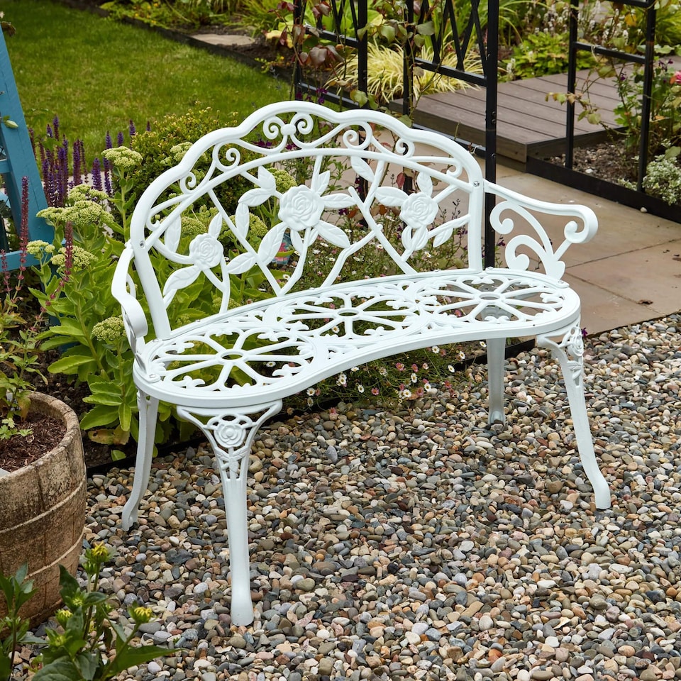 image 1 of Cast Aluminium Garden Bench Metal Frame 2 Seater Patio Chair Outdoor Seating | White